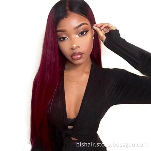 BIS Wholesale T1/99J Colored Straight Lace Front Wigs For Women with Burgundy Colored Brazilian Human Hair 4X4 Lace Closure Wigs